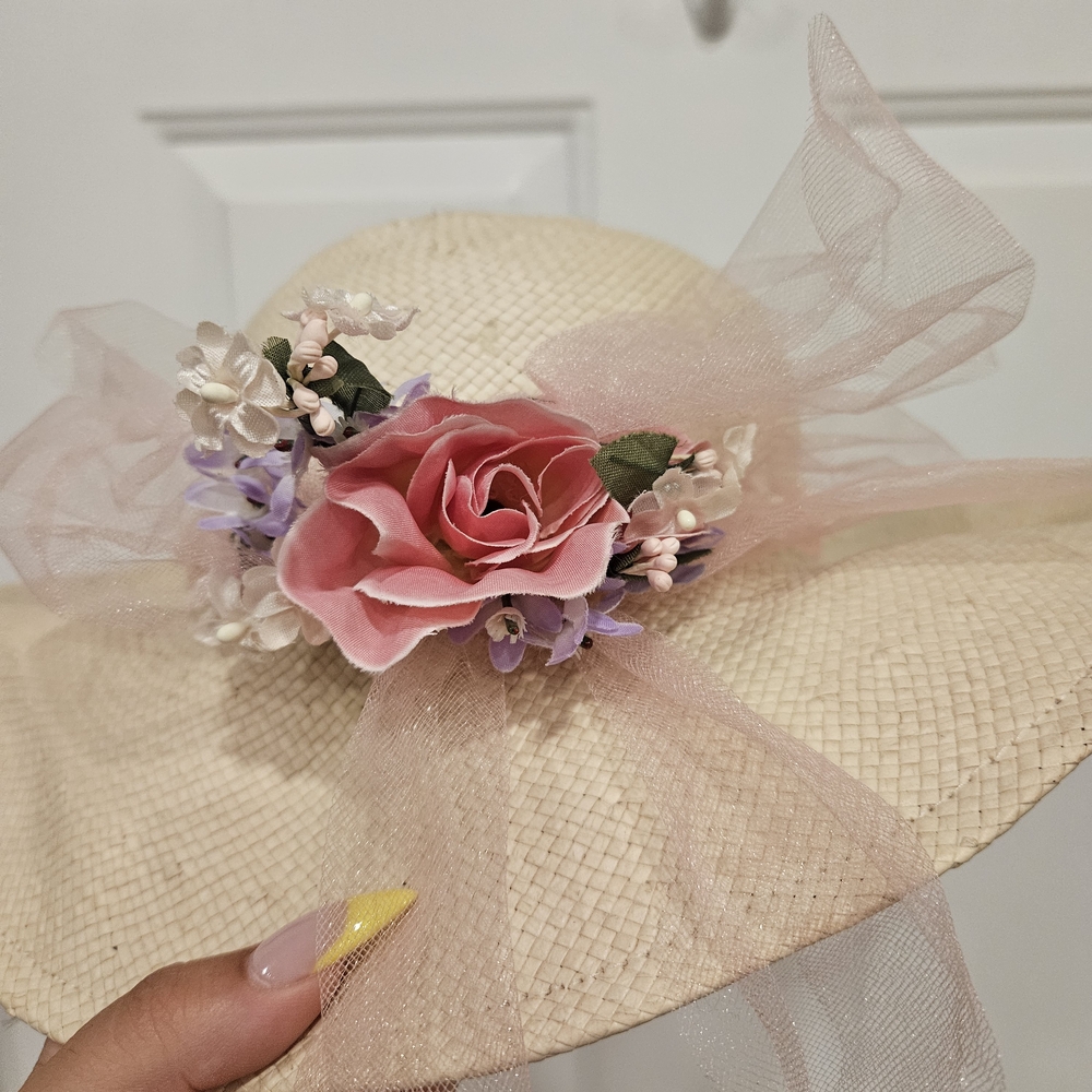 Floral Beige Hat with Pink Accents
